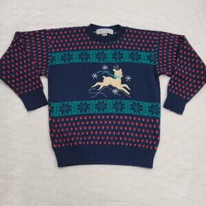 Vintage Kate Collins Girls Reindeer Sweater Size 8 Blue Holiday Knit Made in USA